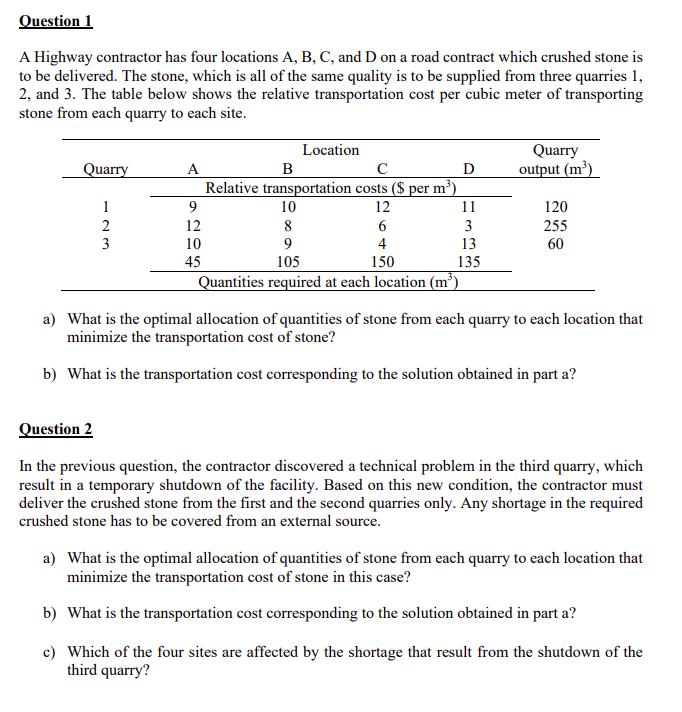 Solved Question 1 A Highway contractor has four locations A, | Chegg.com