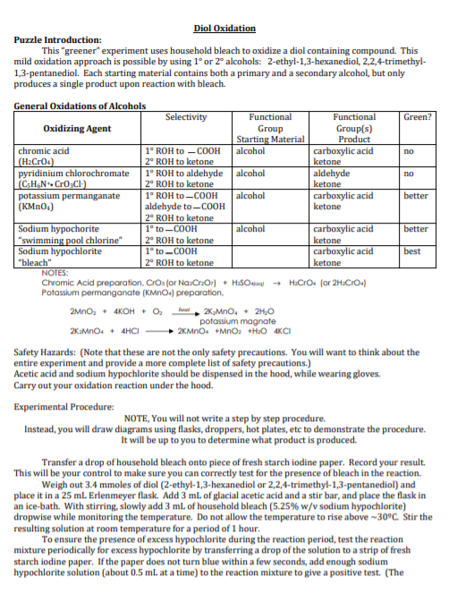 Solved Diol Oxidation Puzzle Introduction This Greener Chegg Com