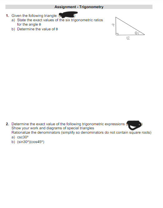 Solved Assignment - Trigonometry 1. Given The Following | Chegg.com