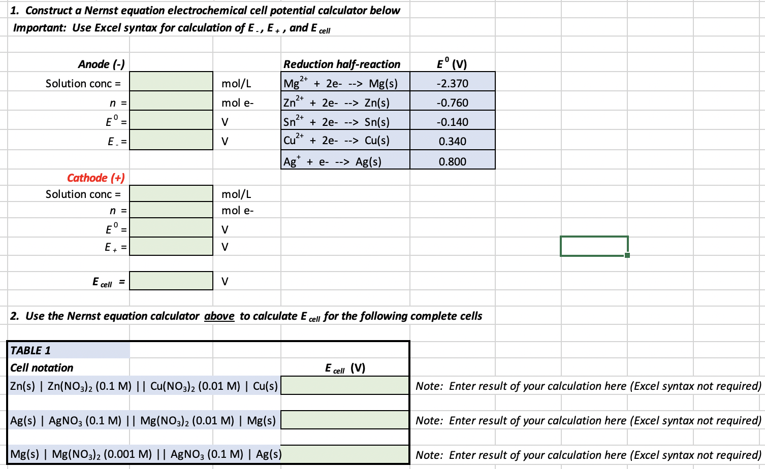 Solved 1. Construct a Nernst equation electrochemical cell | Chegg.com