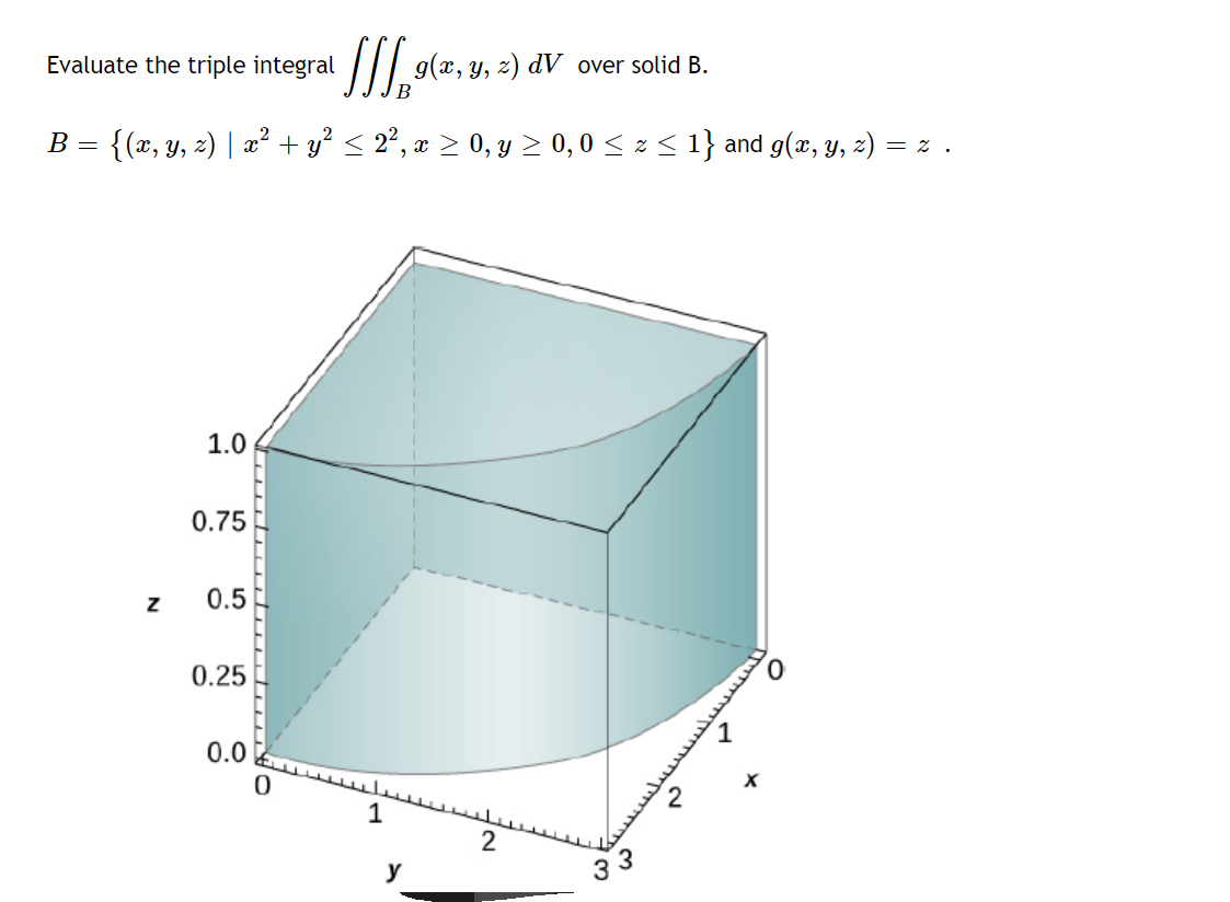 Evaluate the triple integral \( \iiint_{B} g(x, y, z) d V \) over solid \( \mathrm{B} \). \( B=\left\{(x, y, z) \mid x^{2}+y^