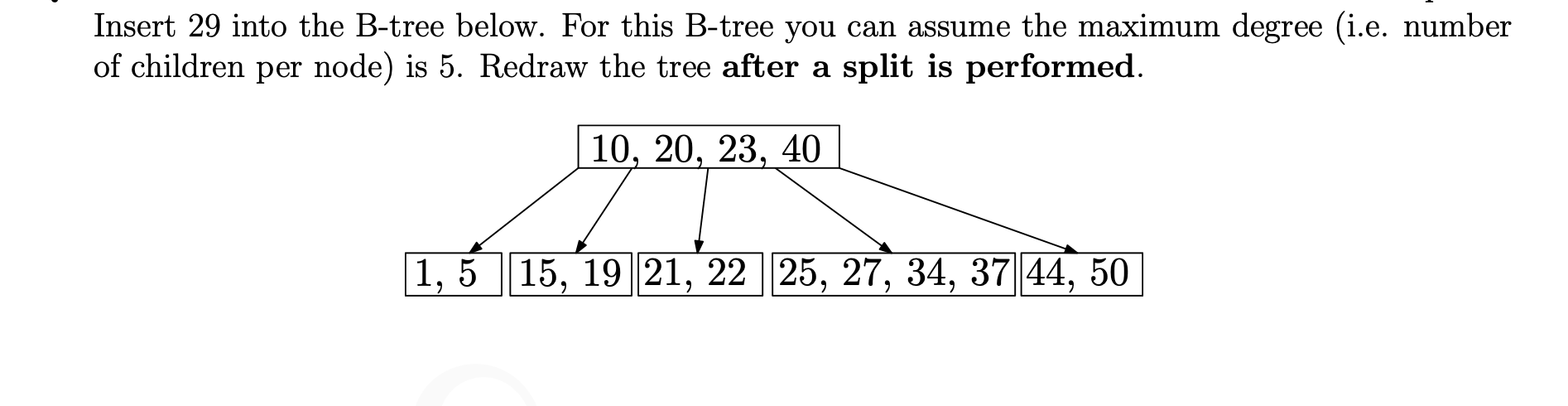 Solved Insert 29 into the B-tree below. For this B-tree you | Chegg.com
