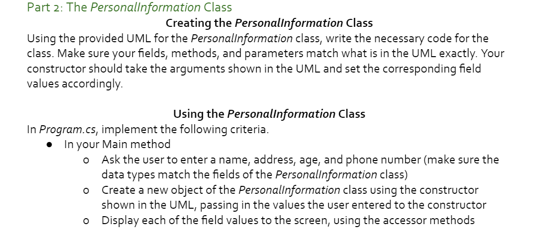 Part 2: The PersonalInformation Class Creating the | Chegg.com