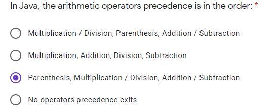 Solved In Java, the arithmetic operators precedence is in | Chegg.com