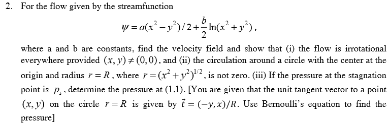 Solved 2. For the flow given by the streamfunction | Chegg.com