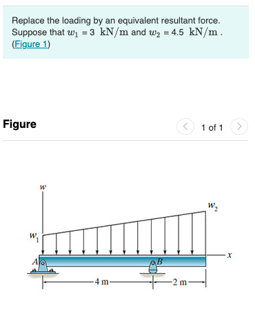 Replace the loading by an equivalent resultant force. Suppose that \( w_{1}=3 \mathrm{kN} / \mathrm{m} \) and \( w_{2}=4.5 \m