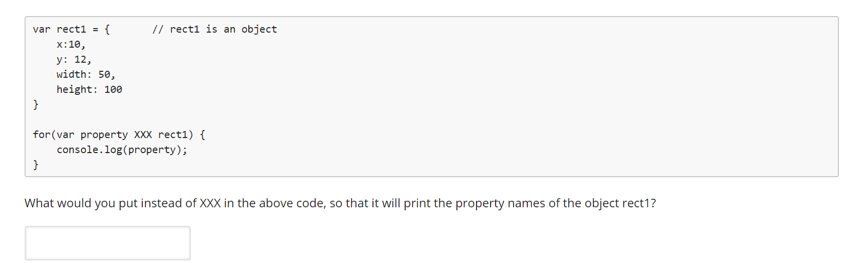 Solved // recti is an object var rect1 = { X:10, y: 12, | Chegg.com
