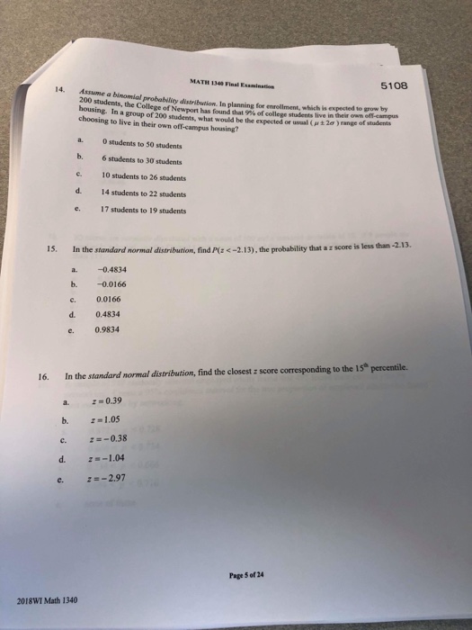 Solved MATH 1340 Final Esaminstion 5108 14. Assume a | Chegg.com