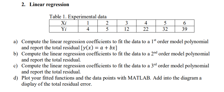 Solved 2. Linear regression Table 1. Experimental data Xi 1 | Chegg.com