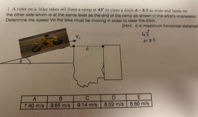Solved 1. A rider on a bike takes off from a ramp at 43∘ to | Chegg.com