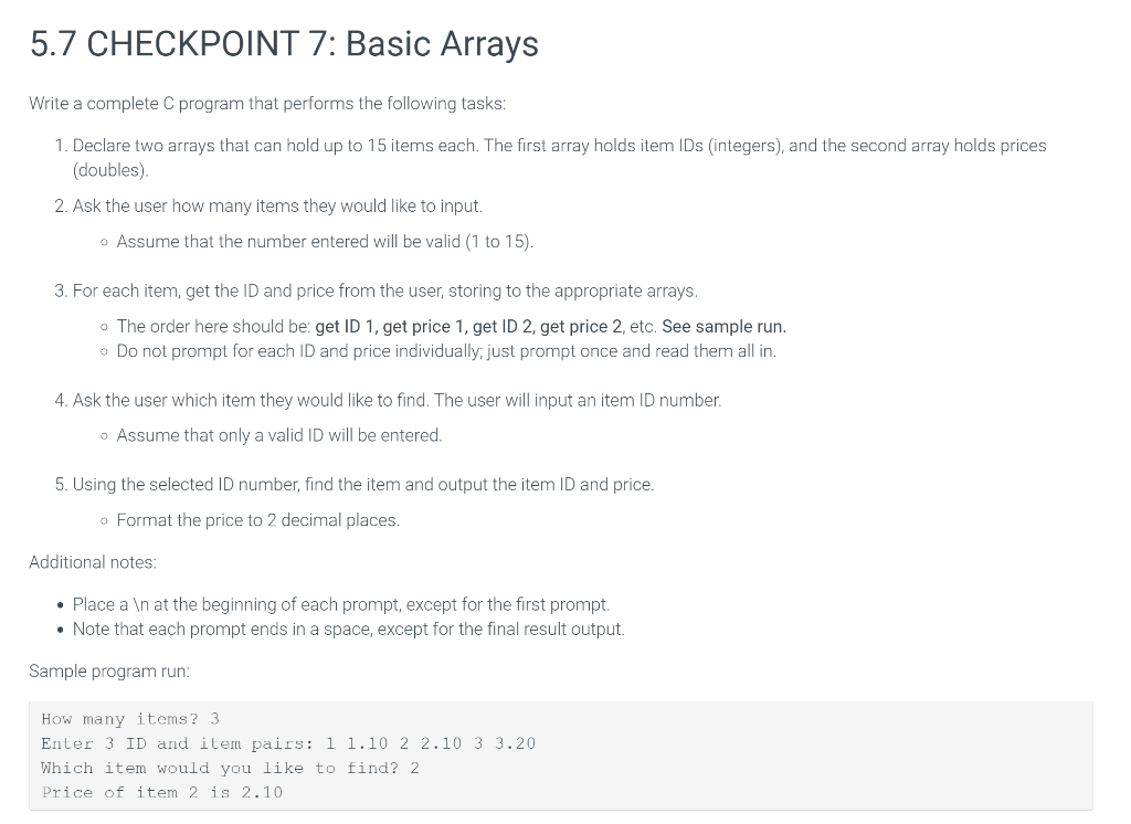 Solved 5.7 CHECKPOINT 7: Basic Arrays Write a complete C | Chegg.com