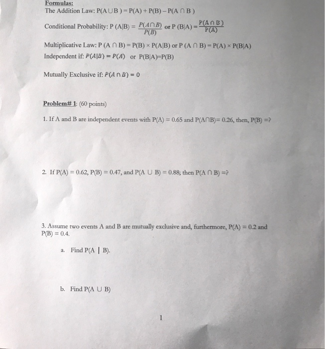 Solved The Addition Law: P(A Union B) = P(A) + P(B) - P(A | Chegg.com