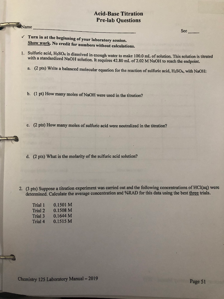 Acid Base Titration Lab Pre Lab Answers Acid-base Titration: