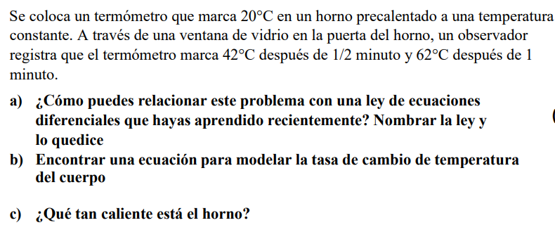 Se coloca un termómetro que marca \( 20^{\circ} \mathrm{C} \) en un horno precalentado a una temperatur constante. A través d