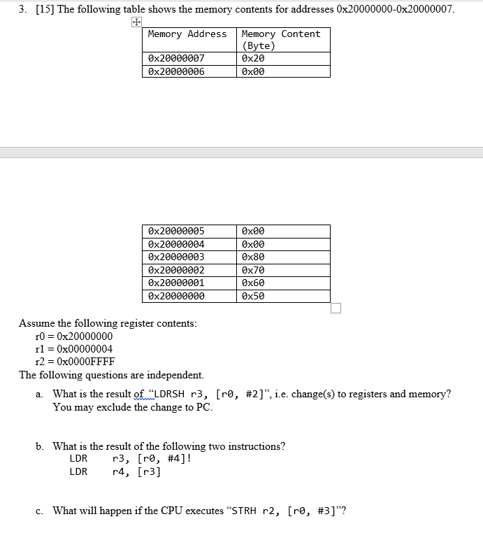 Solved 3. [15] The following table shows the memory contents | Chegg.com