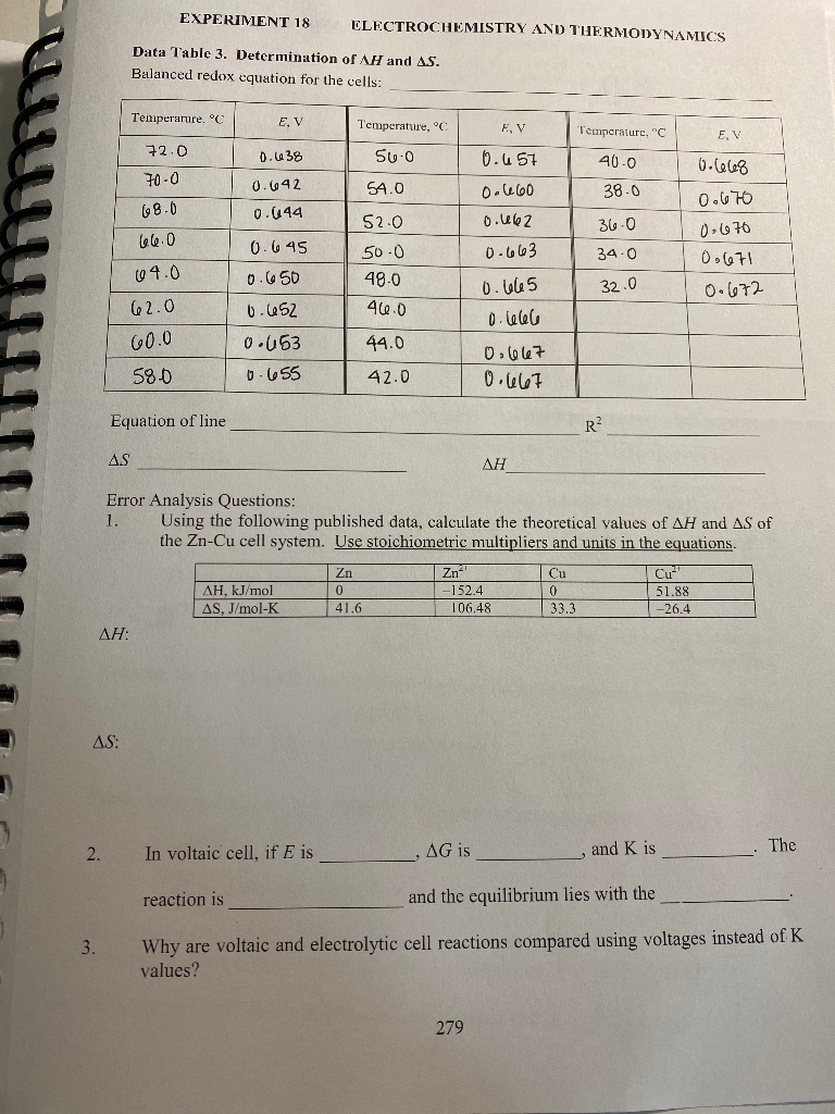 EXPERIMENT 18 ELECTROCHEMISTRY AND THERMODYNAMICS