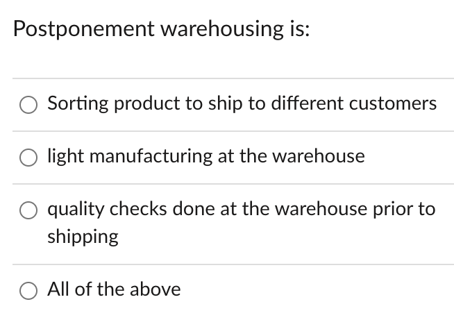 Solved Postponement warehousing is: Sorting product to ship | Chegg.com
