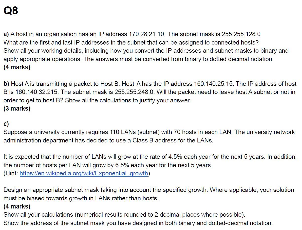 Q8 a) A host in an organisation has an IP address | Chegg.com