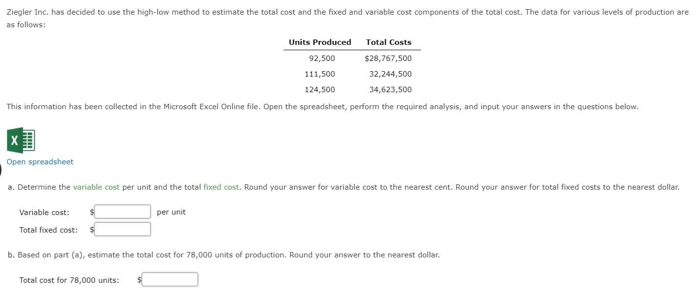 Solved Ziegler Inc. has decided to use the highlow method