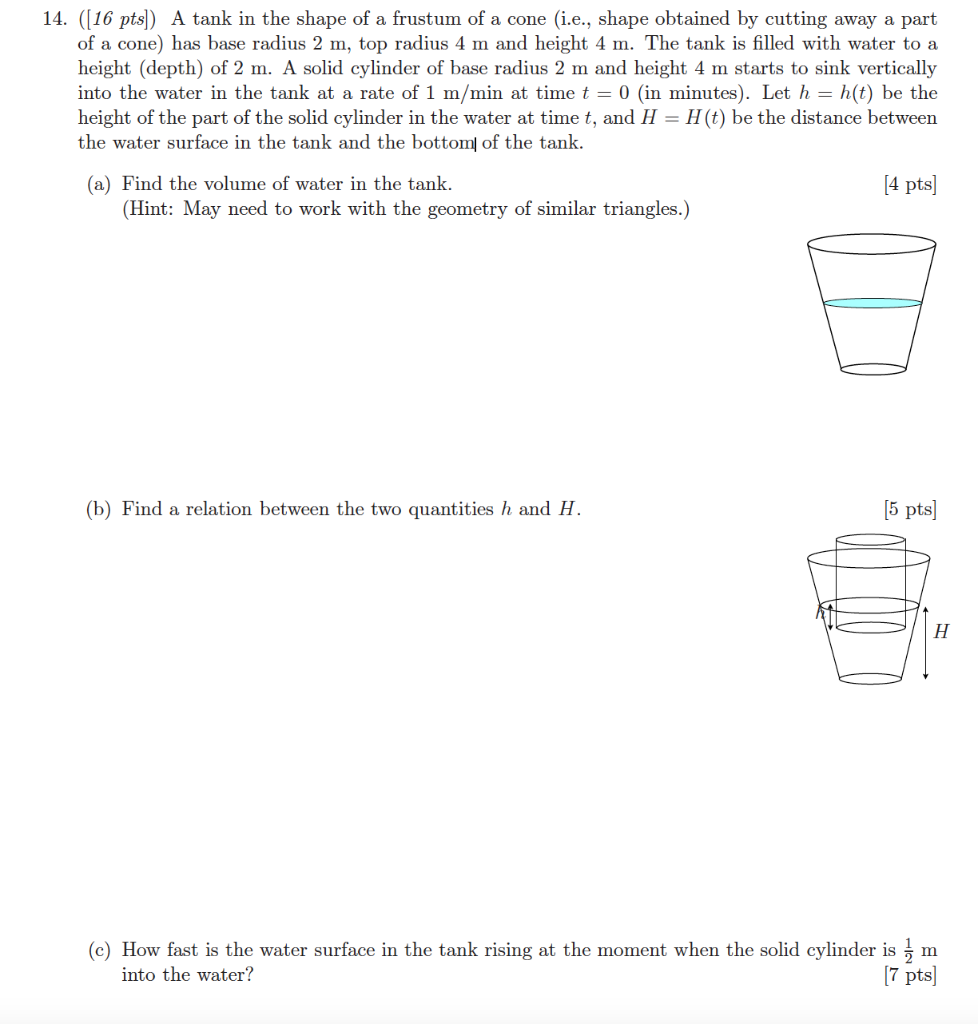 Solved 14. ([16 pts] ) A tank in the shape of a frustum of a | Chegg.com