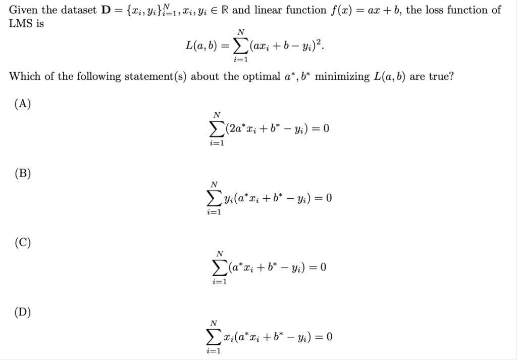 Solved = Given the dataset D = {xi, Yi},4-1, Li, Yi € R and | Chegg.com