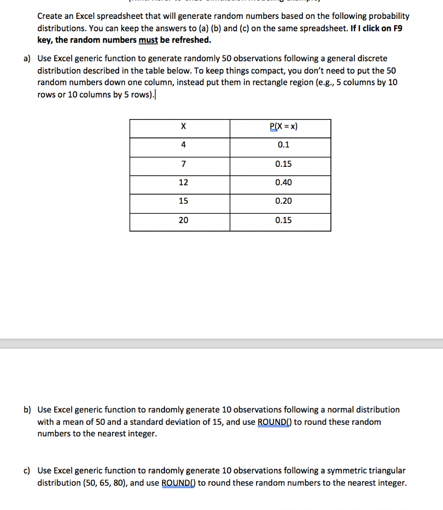 Create An Excel Spreadsheet That Will Generate Ran Chegg Com