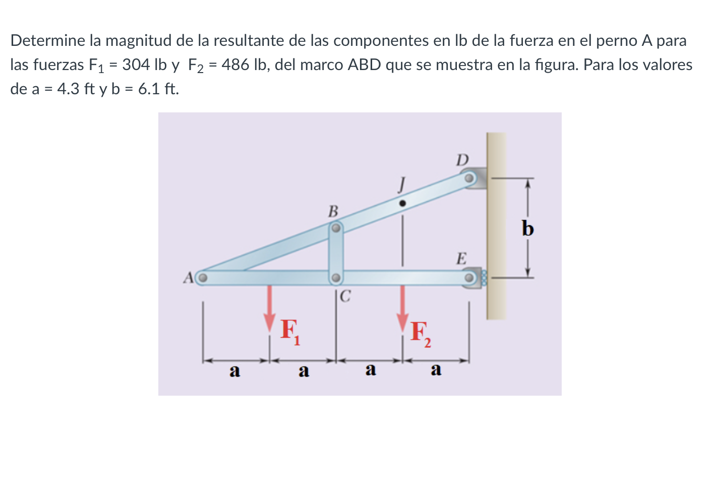 Determine la magnitud de la resultante de las componentes en lb de la fuerza en el perno A para las fuerzas \( F_{1}=304 \mat