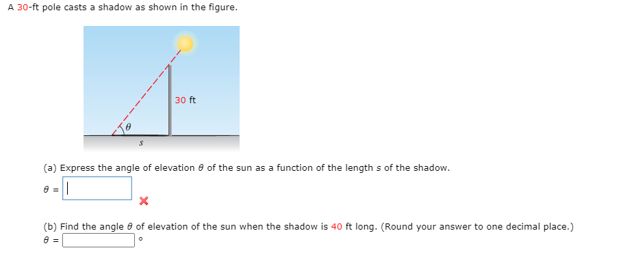 Solved A 30-ft pole casts a shadow as shown in the | Chegg.com