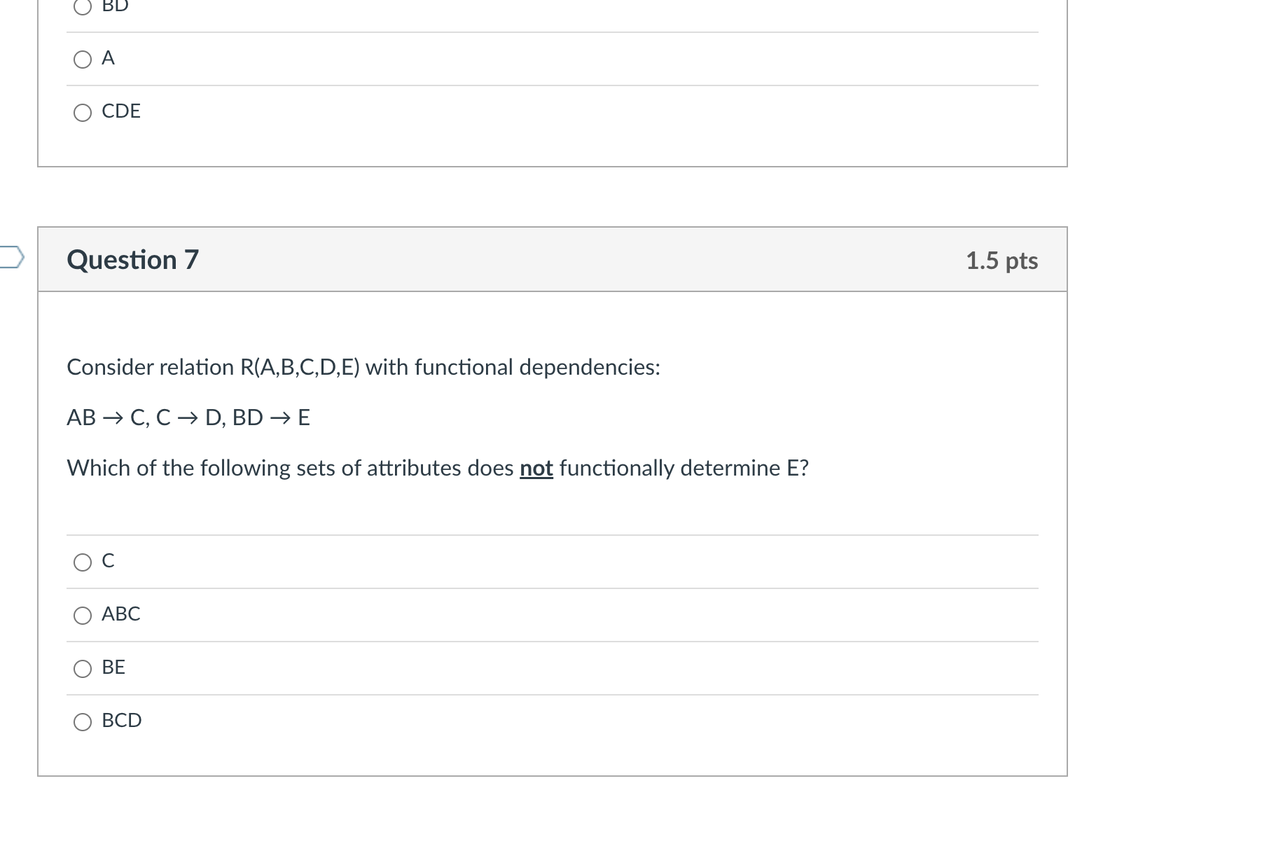 Solved A CDE Question 7 1.5pts Consider relation | Chegg.com