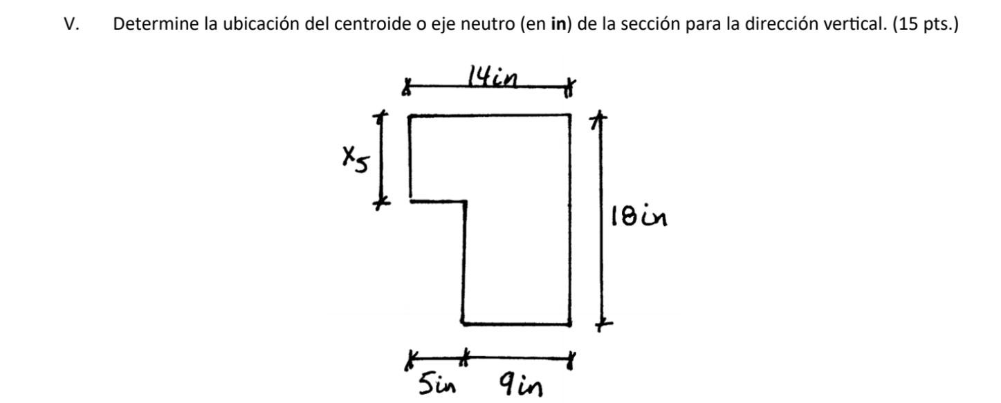 V. Determine la ubicación del centroide o eje neutro (en in) de la sección para la dirección vertical. (15 pts.) lin & + Xg 1