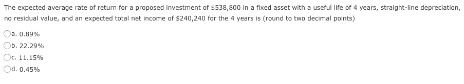 Solved The expected average rate of return for a proposed | Chegg.com