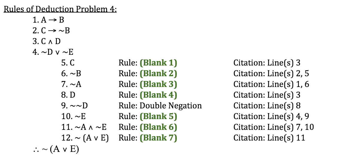 Solved Rules of Deduction Problem 4: 1. A → B 2. C →~B 3. | Chegg.com