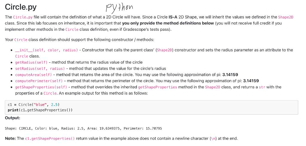 Solved python Circle.py The Circle.py file will contain the | Chegg.com