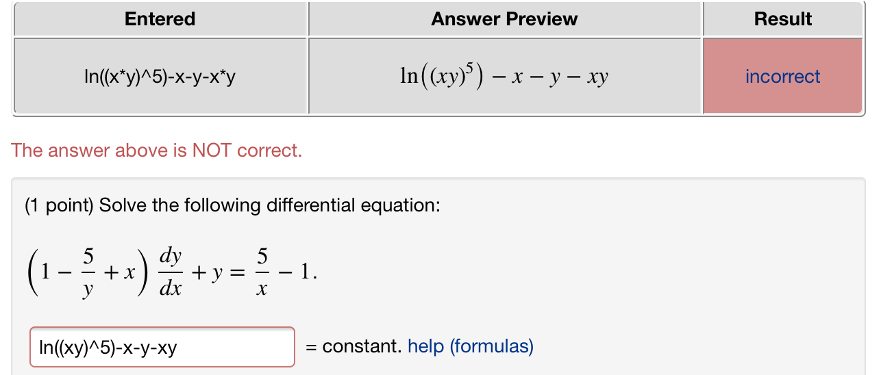 Solved Entered Answer Preview Result In X Y 5 X Y X Y Chegg Com