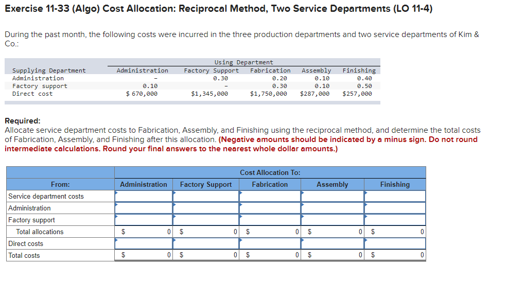 Solved Exercise 1133 (Algo) Cost Allocation Reciprocal