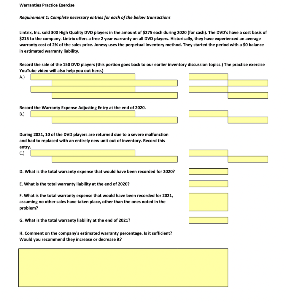 Solved Warranties Practice Exercise Requirement 1 Complete