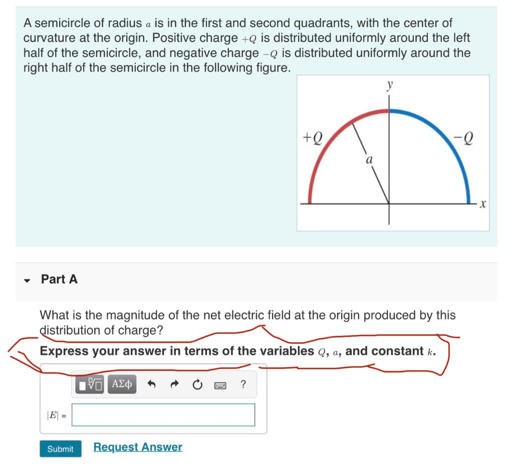 A semicircle of radius \( a \) is in the first and second quadrants, with the center of curvature at the origin. Positive cha