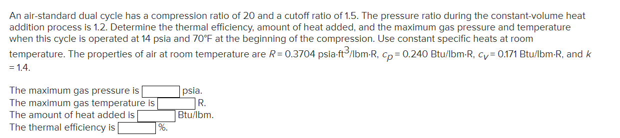 Solved An air-standard dual cycle has a compression ratio of | Chegg.com