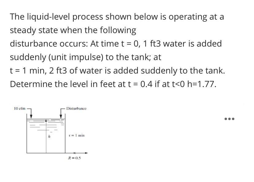 The liquid-level process shown below is operating at a
steady state when the following
disturbance occurs: At time t = 0, 1 f