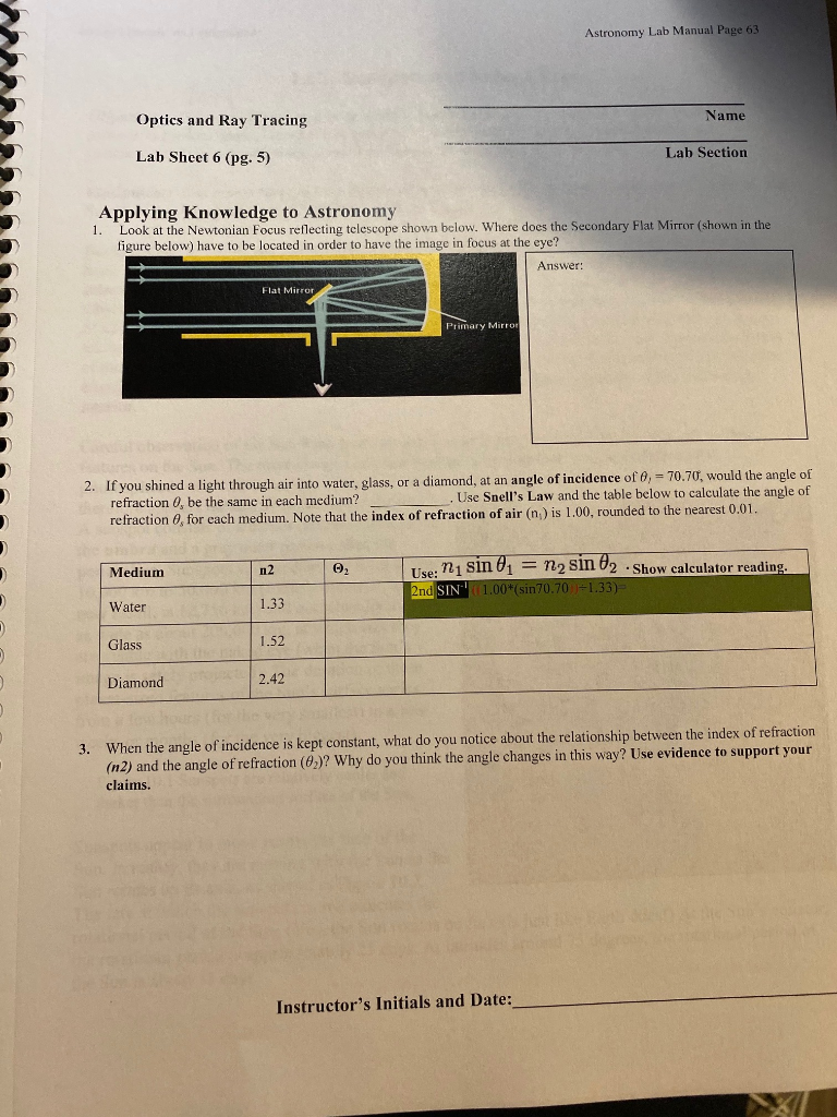 Astronomy Lab Manual Page 63 Optics and Ray Tracing | Chegg.com