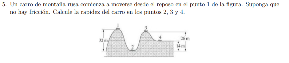 5. Un carro de montaña rusa comienza a moverse desde el reposo en el punto 1 de la figura. Suponga que no hay fricción. Calcu