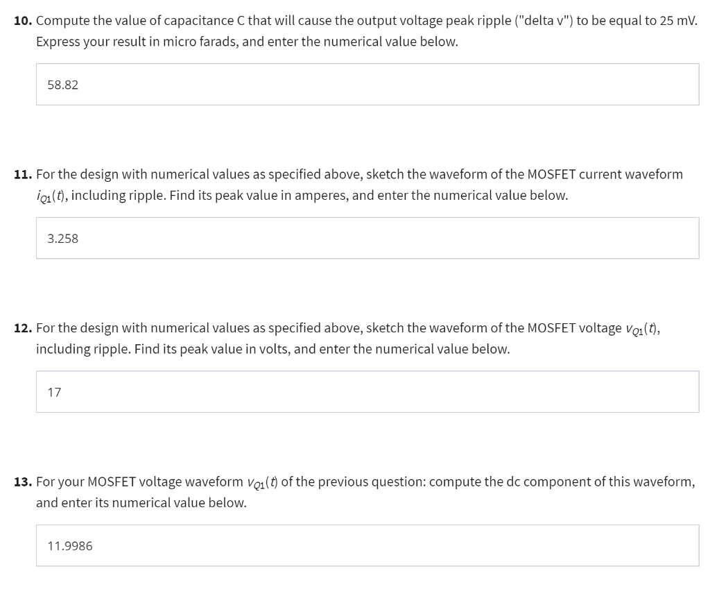 0. Compute the value of capacitance \( \mathrm{C} \) that will cause the output voltage peak ripple (delta v) to be equal t