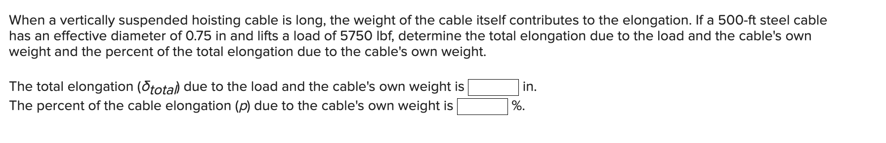 When a vertically suspended hoisting cable is long, the weight of the cable itself contributes to the elongation. If a 500 -f