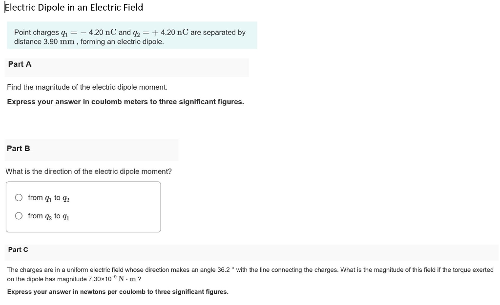 Solved Electric Dipole in an Electric Field Point charges | Chegg.com