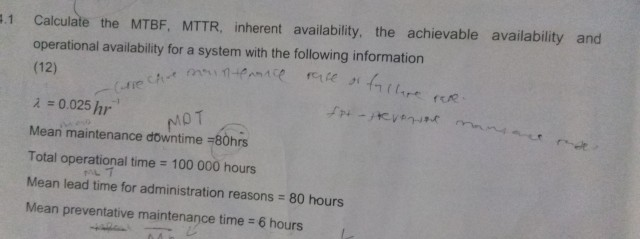Solved 3.1 Calculate the MTBF, MTTR, inherent availability, | Chegg.com
