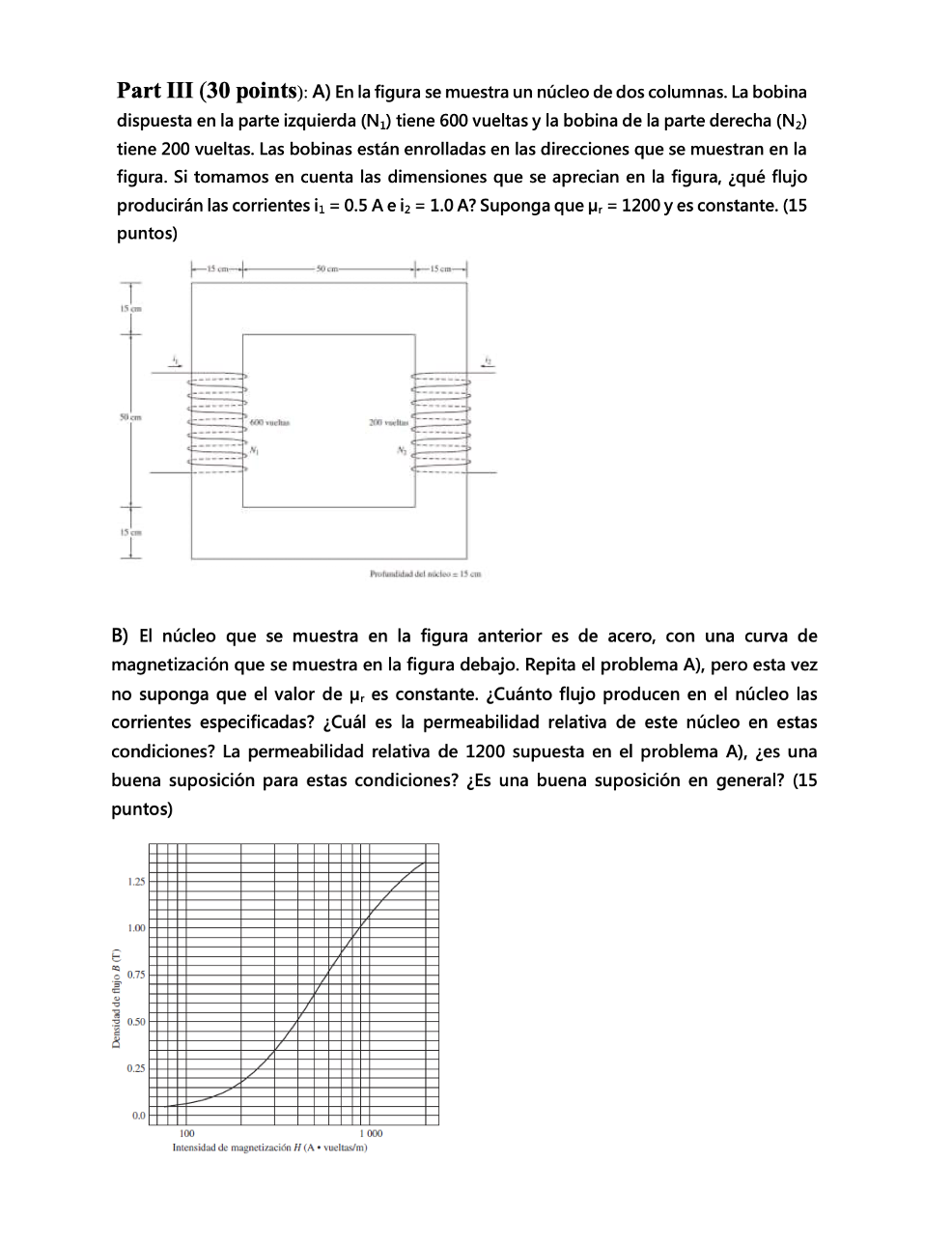 Part III (30 points): A) En la figura se muestra un núcleo de dos columnas. La bobina dispuesta en la parte izquierda \( \lef