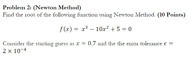 Solved Problem 2: (Newton Method) Find the root of the | Chegg.com