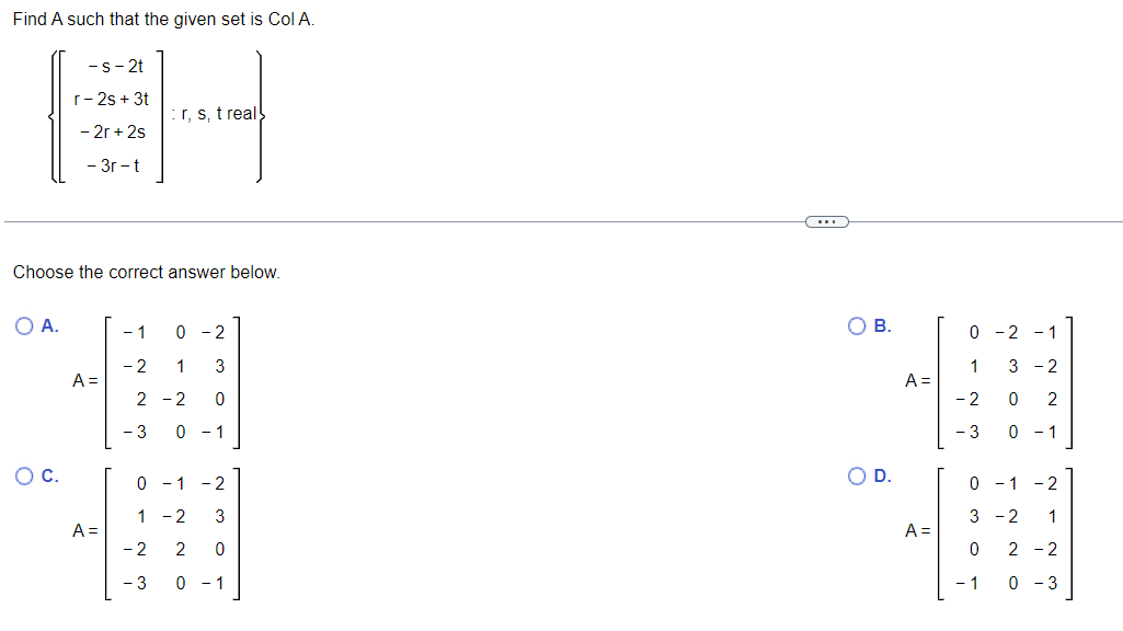 Solved Find A such that the given set is ColA. | Chegg.com