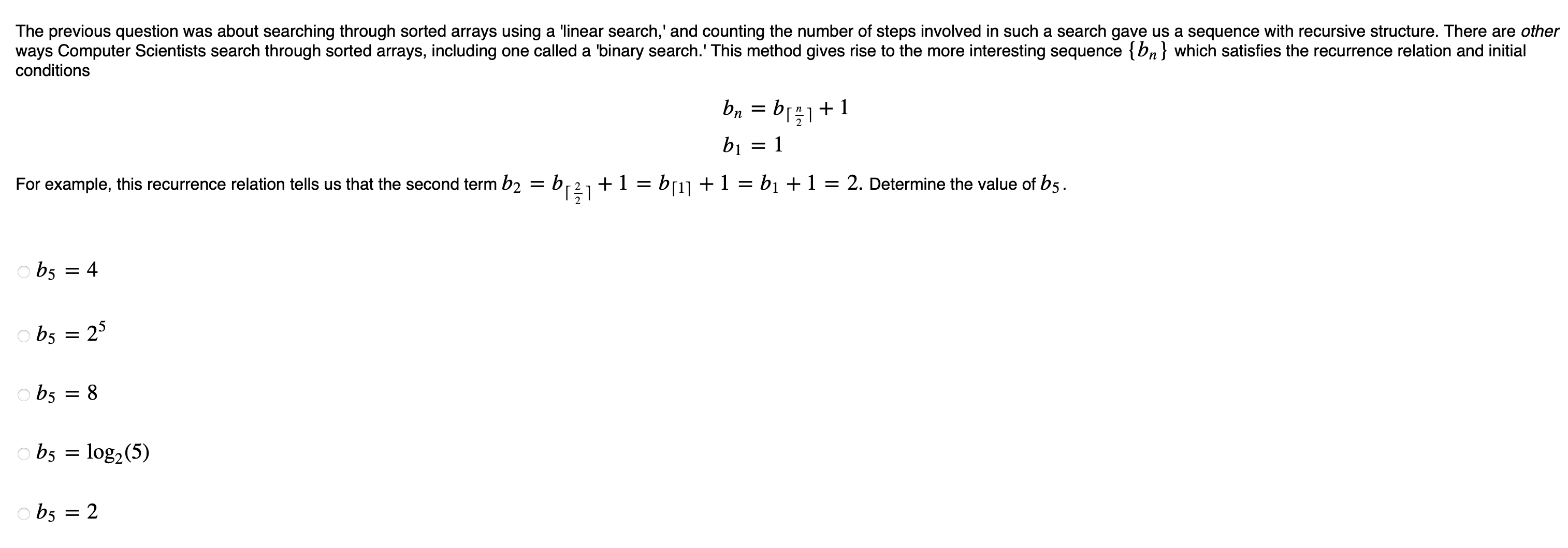 Solved Bn=b⌈2n⌉+1b1=1 Ox Example, This Recurrence Relation | Chegg.com