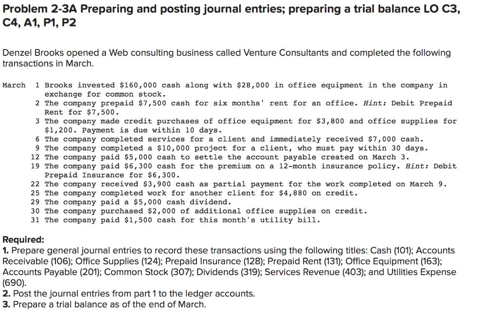 Solved Problem 2-3A Preparing and posting journal entries; | Chegg.com